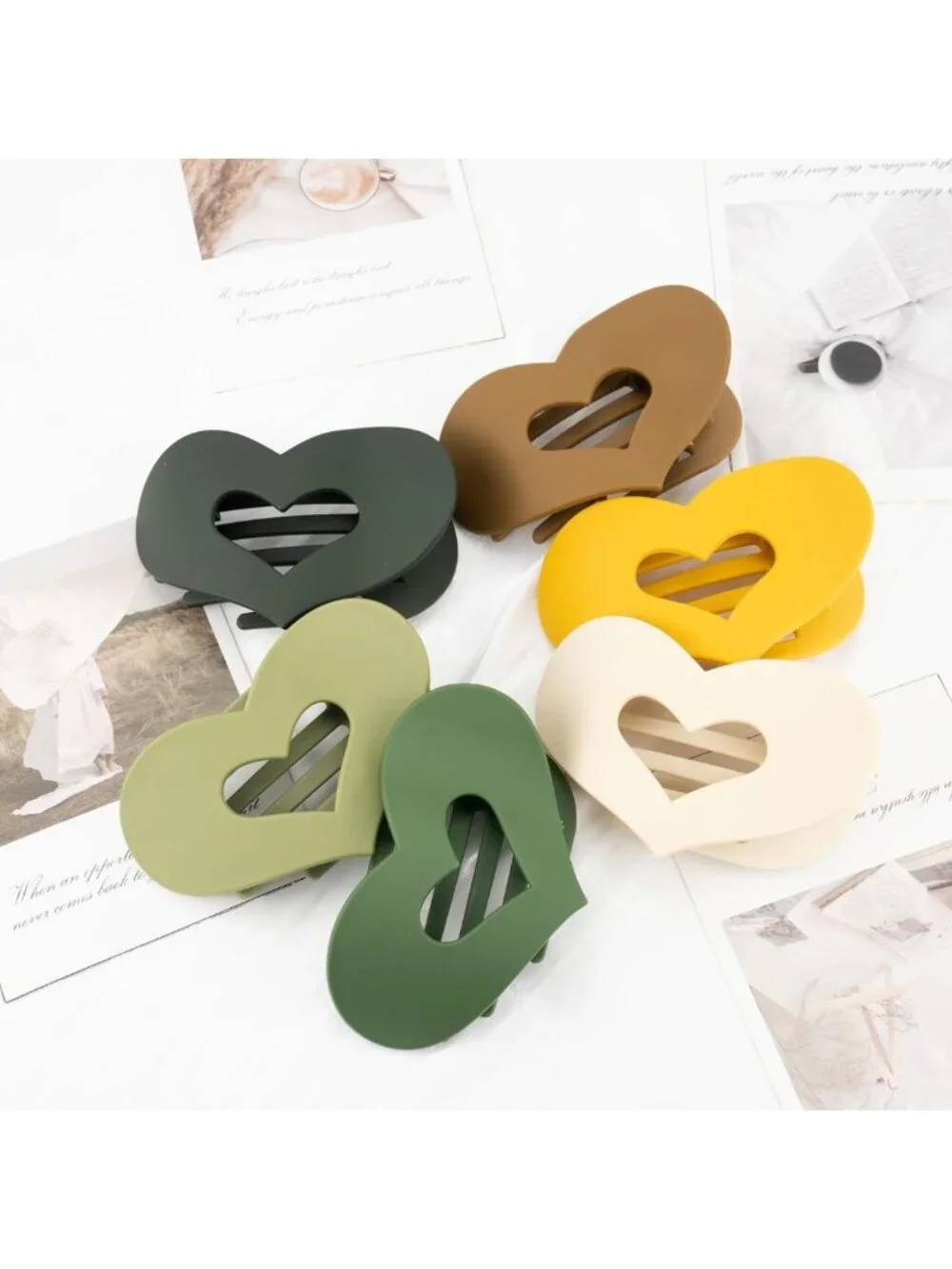 6 Soft Shell Heart Claw Hair Clips - Matte Silicone, Earth Tone & Pastel Colors